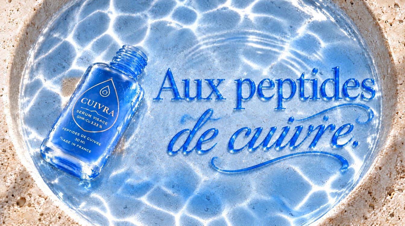 Le sérum écrit « Aux peptides de cuivre » dans une vasque