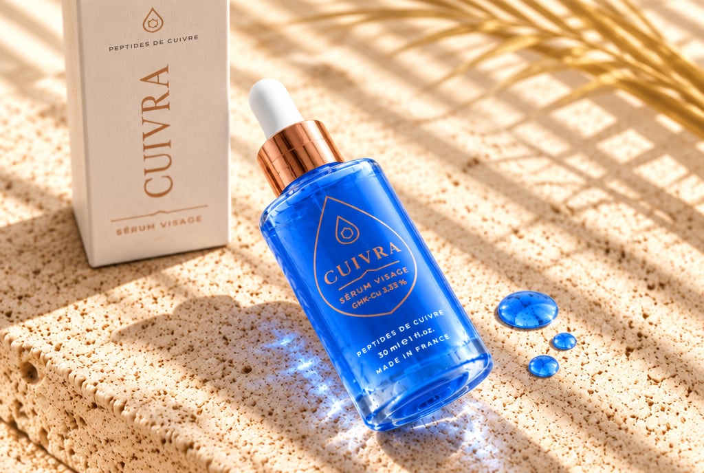 Le sérum visage CUIVRA et son étui sur le travertin